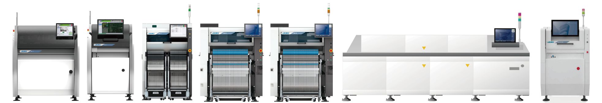 Mass production factory assembly line: printer, 3D print inspection, high-speed mounter, modular mounter, reflow oven, and 3D visual inspection